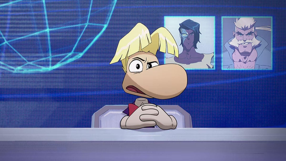 Rayman sitting behind a news desk in the animated show Captain Laserhawk: A Blood Dragon Remix