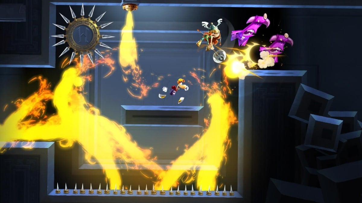 Rayman and his friend dodging fire hazards while attacking enemies in Rayman Legends